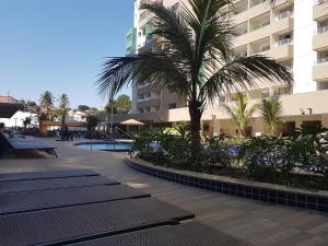 a resort with a palm tree and a swimming pool at Flat Olímpia Park Resort in Olímpia
