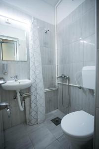 Un baño con ducha, inodoro y lavabo. en Apartmani DiO, en Niš