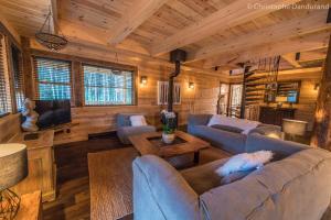 ein Wohnzimmer mit Sofas und einem TV in einer Hütte in der Unterkunft Chalet TAO par Les Chalets Spa Canada in La Malbaie