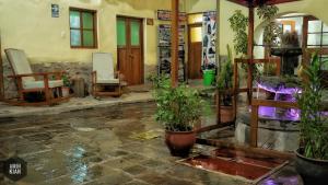a room with chairs and potted plants on the floor at OkiDoki Cusco Hostal in Cusco