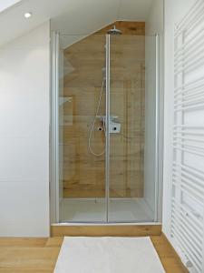 eine Dusche mit Glastür in einem Zimmer in der Unterkunft Kling am See in Friedrichshafen