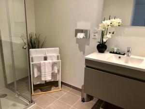 a bathroom with a sink and a shower with towels at Luxury Apartment Mons City Center in Mons