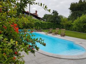 a swimming pool in a yard with chairs and flowers at Guesthouse Pri Mihelovih in Sežana