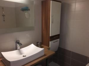 a bathroom with a white sink and a mirror at Ferienwohnung Leithaberg in Eisenstadt