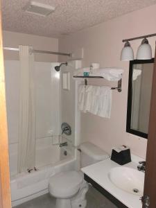 a bathroom with a toilet and a shower and a sink at Super 8 by Wyndham North Platte in North Platte