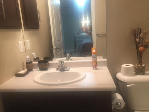 a bathroom with a sink and a toilet and a mirror at Beautiful and Safe Home in Winnipeg