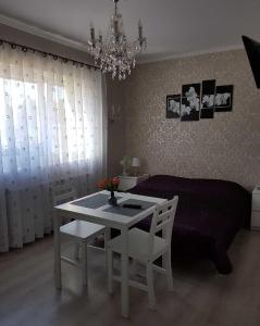 sala de estar con mesa blanca y sofá en Pokoje Adriano en Grudziądz