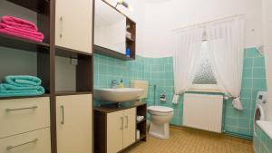 a bathroom with a sink and a toilet at Herta Kruse Ferienwohnungen in Jork +30 photos