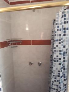 a bathroom with a shower with a blue and white shower curtain at 29 Polvy Street in Nelspruit