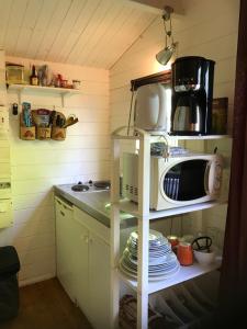 a small kitchen with a stove and a microwave at Bungalow meublé près du lagon in La Saline les Bains