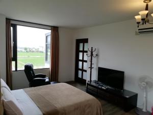 una camera da letto con un letto, una tv e una finestra di Tata House B&B a Xingjian