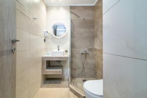 a bathroom with a shower and a toilet and a sink at Oasis in Sarti