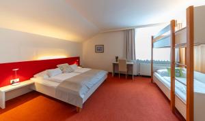 a bedroom with a large bed with a red headboard at JoSchi Sporthaus Hochkar in Hochkar