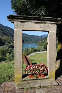 a stone structure with a flower pot with flowers at casa waldner in Castello di Fiemme