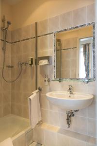 La salle de bains est pourvue d'un lavabo et d'une douche. dans l'établissement Wirtshaus zum Pferdemarkt, à Sarrebourg