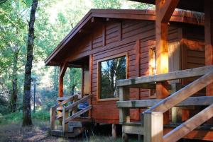 une cabane en rondins dans les bois avec une terrasse couverte dans l'établissement Bungalows da Peneda, à Lamas de Mouro