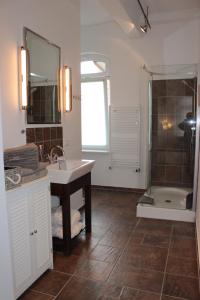een badkamer met een wastafel, een douche en een bad bij Stangenberg`s City Loft in Hameln
