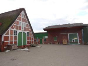 a red and green barn with green doors at Ferienwohnungen von Schassen in Twielenfleth