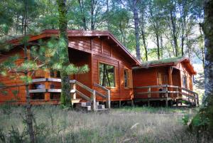 a wooden cabin in the woods with a tree at Bungalows da Peneda in Lamas de Mouro