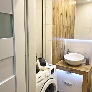 La salle de bains est pourvue d'un lave-linge et d'un lavabo. dans l'établissement Pure Apartment, à Toruń