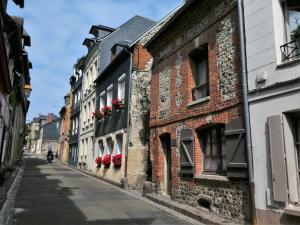 una calle estrecha con edificios y flores en las ventanas en Honfleur de lys, en Honfleur