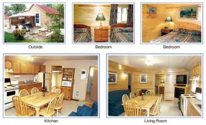 four different pictures of a kitchen and a living room at Saga Resort in Wasaga Beach
