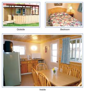 two pictures of a kitchen and a room with a refrigerator at Saga Resort in Wasaga Beach