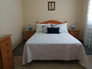 a bedroom with a large white bed with blue pillows at Apartamentos Colmado in Sanxenxo