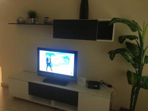 a television sitting on a white cabinet with a plant at Apartamento Ciudad de las Ciencias 2 in Valencia
