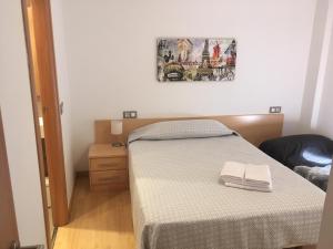 オロットにあるApartament Centre Històric a Olotのベッドルーム1室(ベッド1台付)が備わります。壁に絵が飾られています。