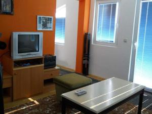 a living room with a tv and a coffee table at Villa Two Brothers in Ohrid