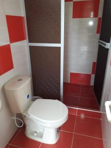 ein Badezimmer mit einem weißen WC und roten Fliesen in der Unterkunft Hospedaje y Camping Buena Vista in San Agustín