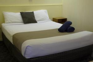 a bedroom with a bed with a blue object on it at Pioneer Station Motor Inn in Swan Hill