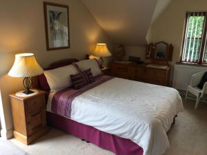 a bedroom with a large bed with two lamps on tables at The Lavender Room in Saundersfoot