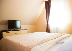 a bedroom with a bed with a tv and a window at Hotel Promenad in Zatoka