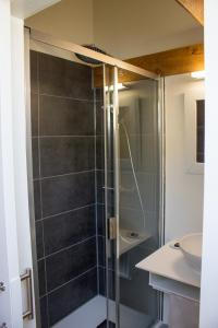 una doccia con porta in vetro in bagno di B&B Koetshuis a Bruges