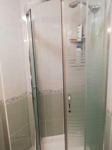 a shower with a glass door in a bathroom at Pedrouzo Suites in O Pedrouzo