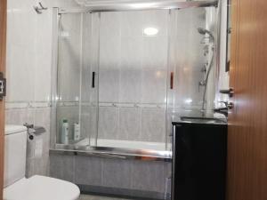 a bathroom with a shower with a toilet and a sink at Pedrouzo Suites in O Pedrouzo