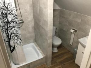 a bathroom with a toilet and a shower curtain at Nocleg na Mazurach in Stacze +20 photos