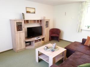 a living room with a couch and a tv at Ferienhaus Waldglück in Tanne