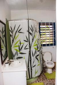 a bathroom with a shower curtain with a toilet and a sink at Sunshine Lodge: Your home away from home in Montego Bay +37 photos