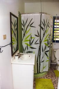 a bathroom with a sink and a shower curtain at Sunshine Lodge: Your home away from home in Montego Bay
