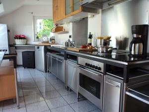 a large kitchen with stainless steel appliances and cabinets at Ferienwohnung Rudolf-Lindner in Neustadt an der Aisch