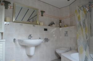 a bathroom with a sink and a toilet and a mirror at Ferienwohnung Rudolf-Lindner in Neustadt an der Aisch