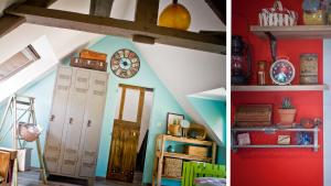 a room with a clock on the wall and a shelf at la lande huel in Saint-Brandan