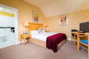 a bedroom with a bed and a television and a bathroom at Dingle Bay Hotel in Dingle