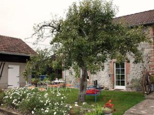 a tree in the yard of a house with a table and chairs at La grange au tracteur in Saulcy-sur-Meurthe