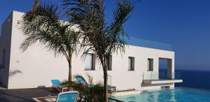 ein Haus mit einem Pool und einer Palme in der Unterkunft Appartamenti Addimuru in Marina di Palma