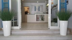 a hallway with two large white vases with plants in them at Hotel Milano in Pisa