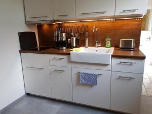 eine Küche mit einer Spüle und einer Arbeitsplatte in der Unterkunft Grüne Stadtrandidylle - 22 min bis Potsdamer Platz in Berlin